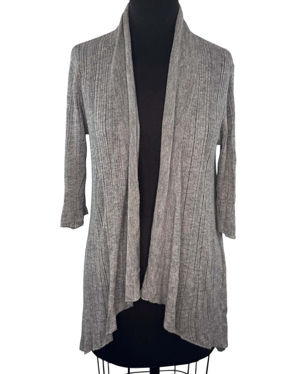 Eileen Fisher Gray Cardigan Sweater Linen Open-Front 3/4 Sleeve Size X-Small XS